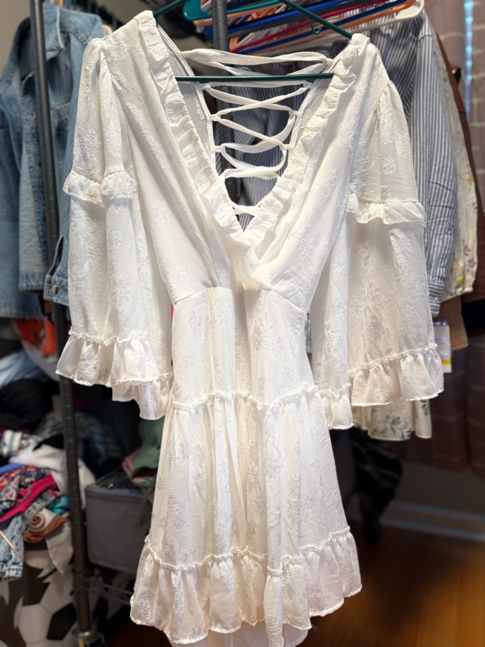 Ivory Textured Ruffle Sleeve Mini Dress